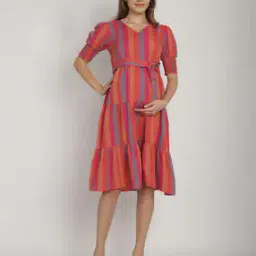 moms maternity Women Striped Fit & Flare Dress with V-Neck-picture-19