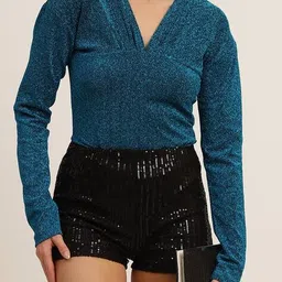 Shein Party Full Sleeves Pleated Shimmer Turquoise Bodysuit image 1