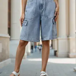 Shein High Rise Carpenter Style Cargo Denim Shorts-image-50