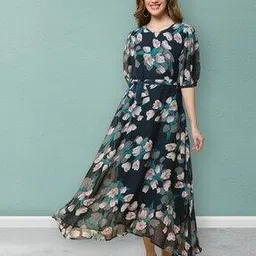 fabflee x ag Women Floral Print Fit & Flare Dress with Tie-Up Belt-picture-40