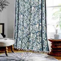 Floral Print Window Curtain with Tassels-image-1