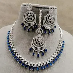 ladymania Women Silver-Plated American Diamond-Studded Necklace with Earrings & Mang Tikka Set-picture-11