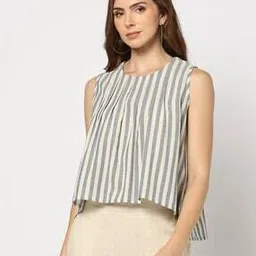 svrnaa by azorte Yarn Dyed Striped Top with Pleated Neckline-picture-38