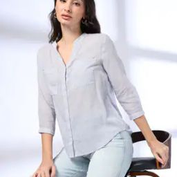 dnmx Women Striped Loose Fit Shirt with Patch Pockets-picture-45
