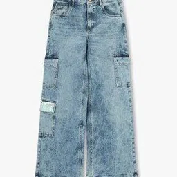 Girls Acid Wash Relaxed Fit Cargo Jeans-image-45
