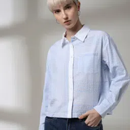 Women Striped Relaxed Fit Shirt with Patch Pocket-image-1
