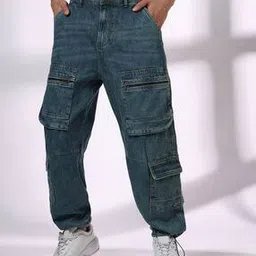 rev-verse Men Lightly Washed Baggy Fit Jogger Jeans with Cargo Pockets-picture-39