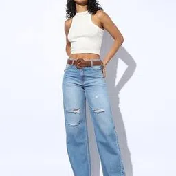 Mid-Wash Distressed Wide-Leg Jeans-image-7