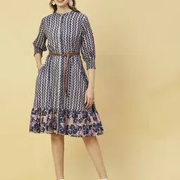 Chevrons Print A-line Dress with Waist Belt-image-2
