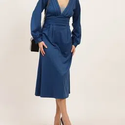 Shein Modest Deep V-Neck Cuff Sleeve Pleated Fit & Flare Dress-picture-39