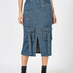 sf jeans by pantaloons Women Washed Straight Midi Skirt with Cargo Pockets-picture-27