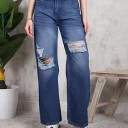Shein Fly With Button Closure Mid Wash Distressed Jeans-picture-52