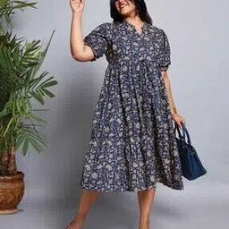 globus Gloplus Women Mandarin Collar Floral Midi Plus Size Dress-picture-52