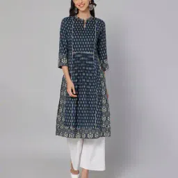cantabil Floral Print A-Line Kurti with Mandarin Collar image 1