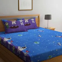 arrabi Geometric Printed Cotton Blend Double Size Fitted Bedsheet with 2 Pillow Covers-picture-32