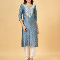 rangmanch by pantaloons Women Embroidered Straight Kurta with 3/4th Sleeves-picture-47