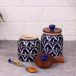 vareesha Set of 2 Hand Painted Ceramic Jars with Wooden Lid-picture-53