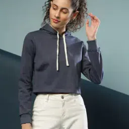 campus sutra Heathered Cropped Hoodie with Ribbed Cuffs-picture-29