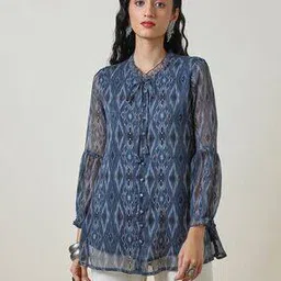Women Ikat Printed A-Line Tunic with Tie-Up Neck-image-8