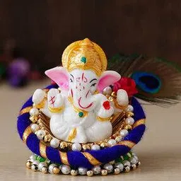 ecraftindia Lord Ganesha Idol on Decorative Handcrafted Floral Plate for Home & Car-picture-53