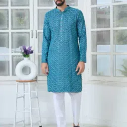 see designs Men Embroidered Regular Fit Long Kurta with Mandarin Collar image 1