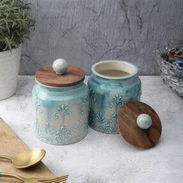 vareesha Set of 2 Leaf Patterned Ceramic Jars with Lids-picture-21