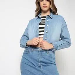 Women Oversized Crop Denim Jacket-image-8