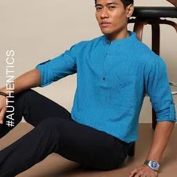 Checked South Cotton Woven Regular Fit Short Kurta-image-0