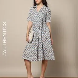 indie picks Handblock Print Cotton Flared Dress-picture-18