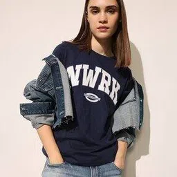 only Women's Typography Regular Fit Blue T-shirt-picture-23