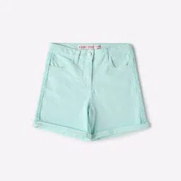 Cuffed Denim Shorts with Lace Accent-image-21