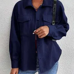 Women Ribbed Relaxed Fit Shirt with Flap Pockets-image-67