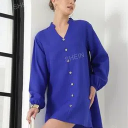 Shein Casual Mini Length Peasant Sleeves Royal Blue Flared Shirt Dress-picture-13