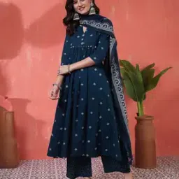Women Geometric Print Flared Kurta Suit Set-image-80