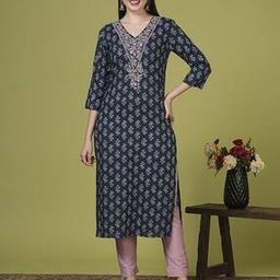 fashor Floral Printed Embroidered Cotton Straight Fit Kurta-picture-10