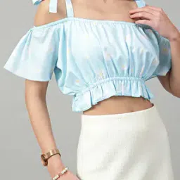 Shein Cute Strappy Tie-up Cold-Shoulder Sleeves Floral Print Crop Top-picture-15