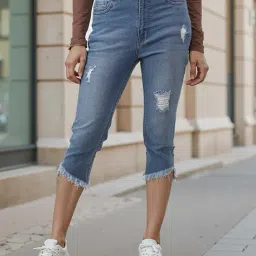 Shein Mid Wash Frayed Hem Distressed Skinny Fit Capri Jeans image 1