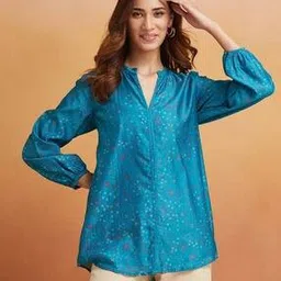 fabindia Women Floral Print Straight Tunic with Mandarin Collar-picture-18