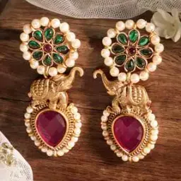 Women Gold-Plated Stone-Studded Pearl-Beaded Danglers-image-9