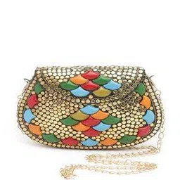 anekaant Embellished Metal Clutch with Detachable Chain Strap-picture-42