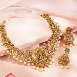 rubans Gold-Plated Ruby Emerald & Pearl Beaded Zirconia Lakshmi Temple Jewellery Set-picture-12