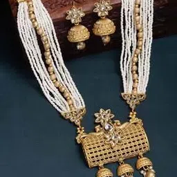 panash Women Gold-Plated Kundan-Studded Pearl Necklace & Earrings Set-picture-47