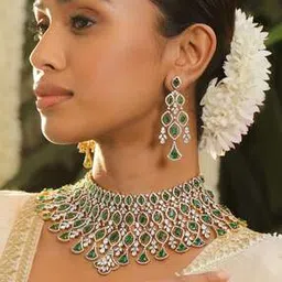 Women Gold-Plated Stone-Studded Necklace & Earrings Set-image-57
