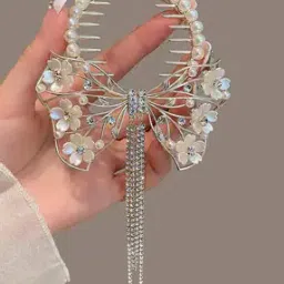 Women Crystal Studded Pearl Drop Hair Pin-image-68