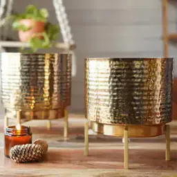 behoma Set of 2 Metal Indoor Hammered Planters with Stand-picture-50
