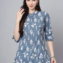 Divena Floral Printed Mandarin Collar Cotton Shirt Style Longline Top-image-13