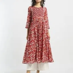 svrnaa by azorte Floral Print Flared Kurta with Mirror Work-picture-21