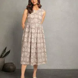 Dye Double Dabu Print Cotton Sleeveless Fit & Flare Dress-image-24