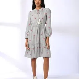 fusion Women Floral Embroidered A-Line Dress with Belt-picture-52