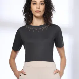 fig Women Slim Fit Top with Embellished Neck image 1